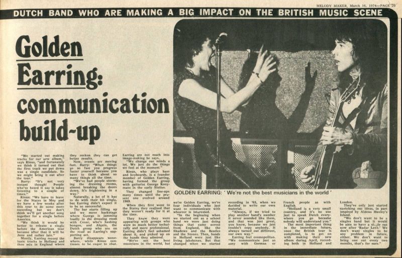 Melody Maker (UK) March 16, 1976 article Golden Earring: communication build up